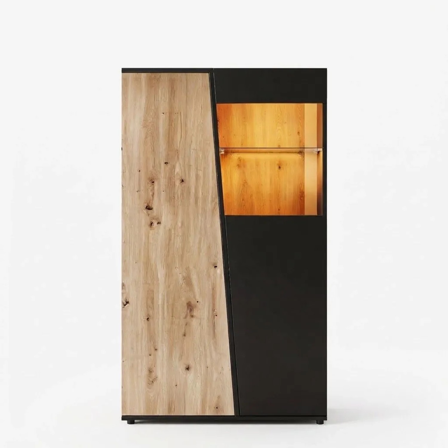 Merax Vitrine mit LED Glastür Design Holztür Hochschrank Schwarz Holzoptik
