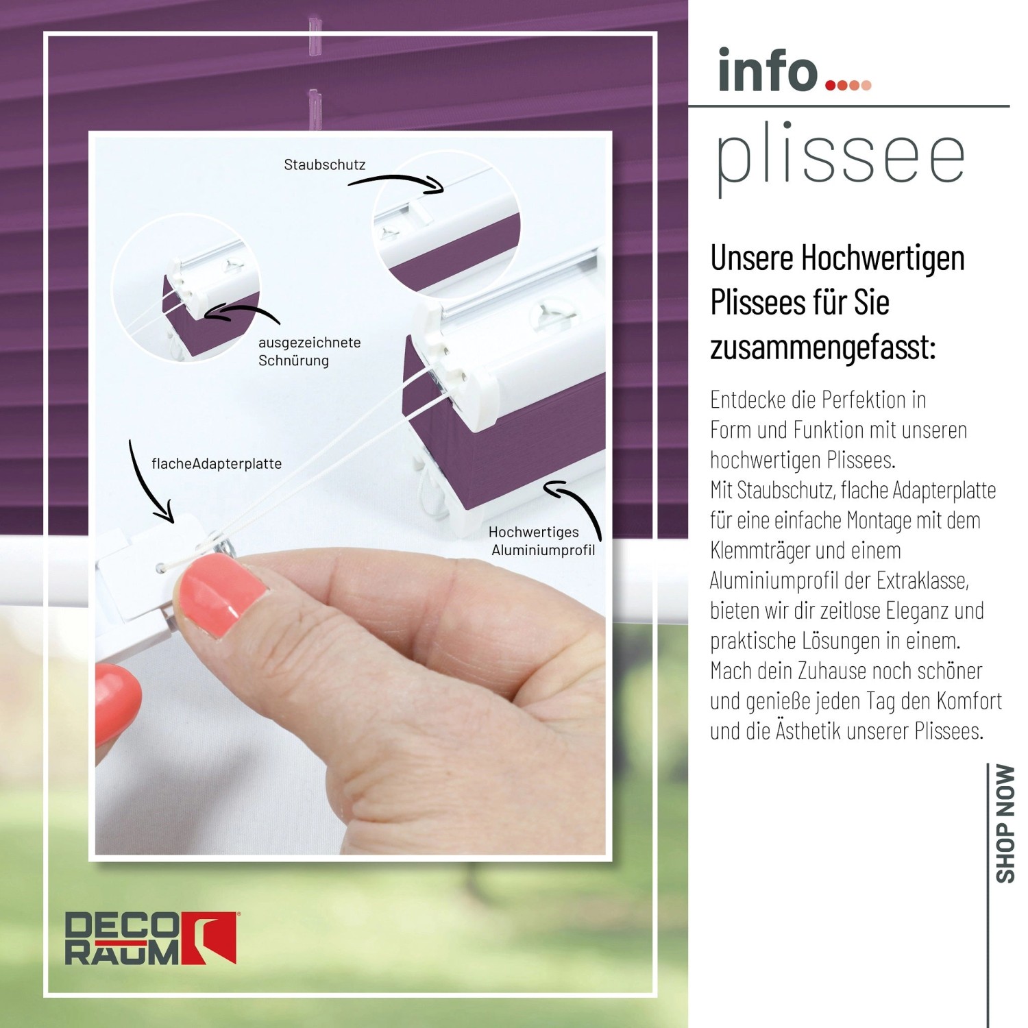 Lila Deco-Raum Plissee Basic 95x210cm ohne Bohren, Detailaufnahme der Klemmfix-Montage.