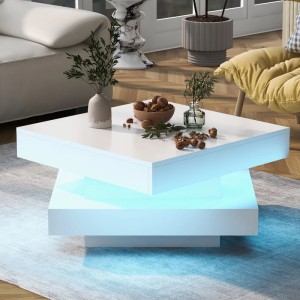 Weißer quadratischer Couchtisch mit drehbarer Platte und blauer LED-Beleuchtung. Moderner Wohnzimmertisch 70x70 cm.