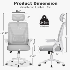 Grauer ergonomischer Bürostuhl mit Maßen, hoher Netzrückenlehne, verstellbarer Kopfstütze & hochklappbaren Armlehnen.