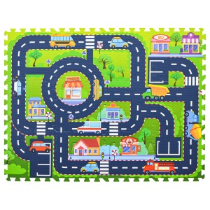 LittleTom Puzzlematte mit Straßenmotiv, 12 Teile, 30x30 cm. Spielteppich mit Straßen, Autos und Gebäuden.