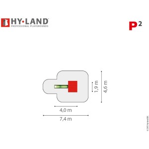 Draufsicht Hy-Land Spielgerät P2 mit Rutsche: Maße und Anordnung von Turm, Rutsche und Sandkasten.