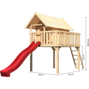 Karibu Stelzenhaus Fidel Set mit roter Rutsche und Leiter aus Holz, naturbelassen.