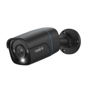 Schwarze Reolink P330 4K UHD PoE Überwachungskamera für den Außenbereich.