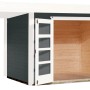 Lasiertes Weka Holz-Gartenhaus mit Flachdach und Anbau, offene Doppeltür.