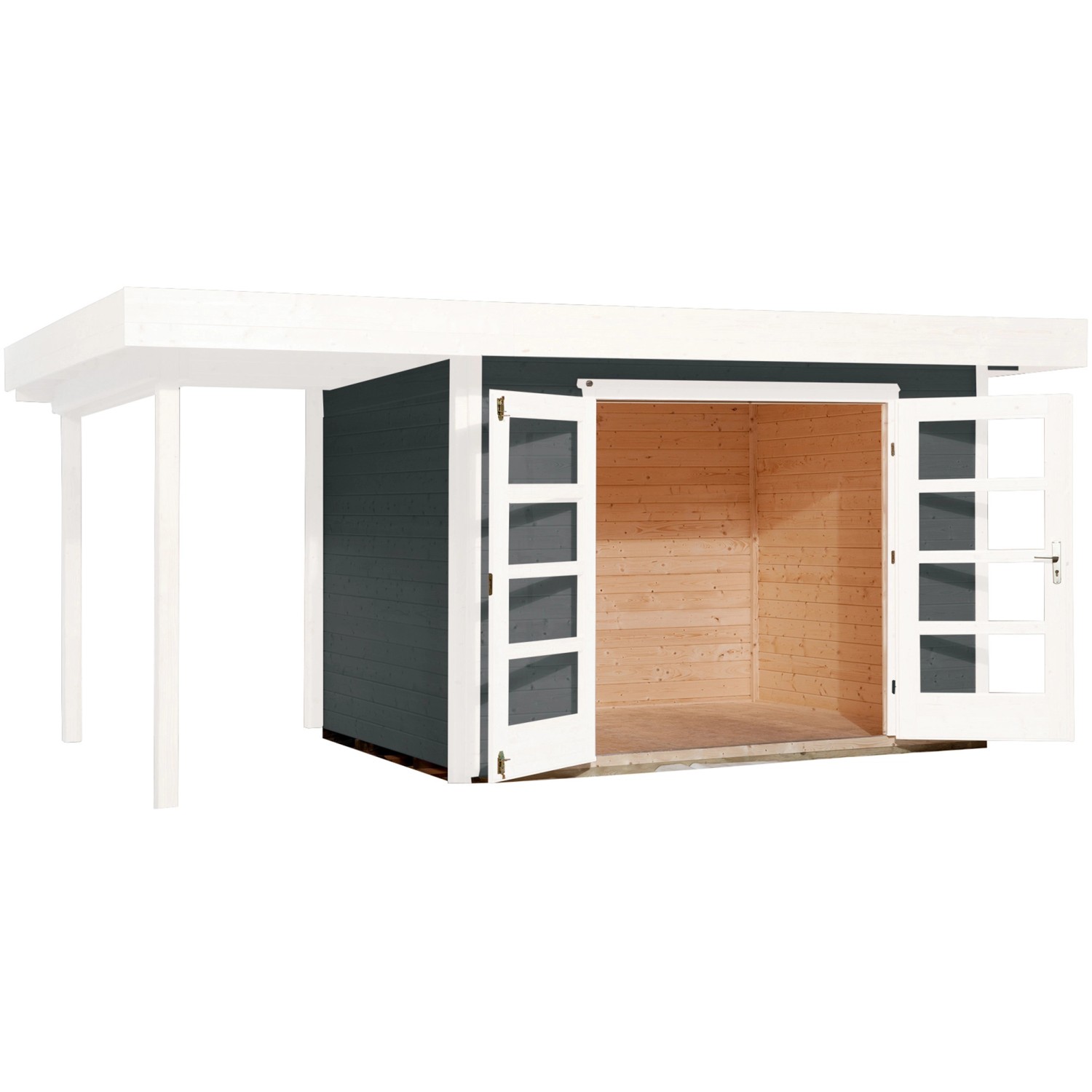 Lasiertes Weka Holz-Gartenhaus mit Flachdach und Anbau, offene Doppeltür.