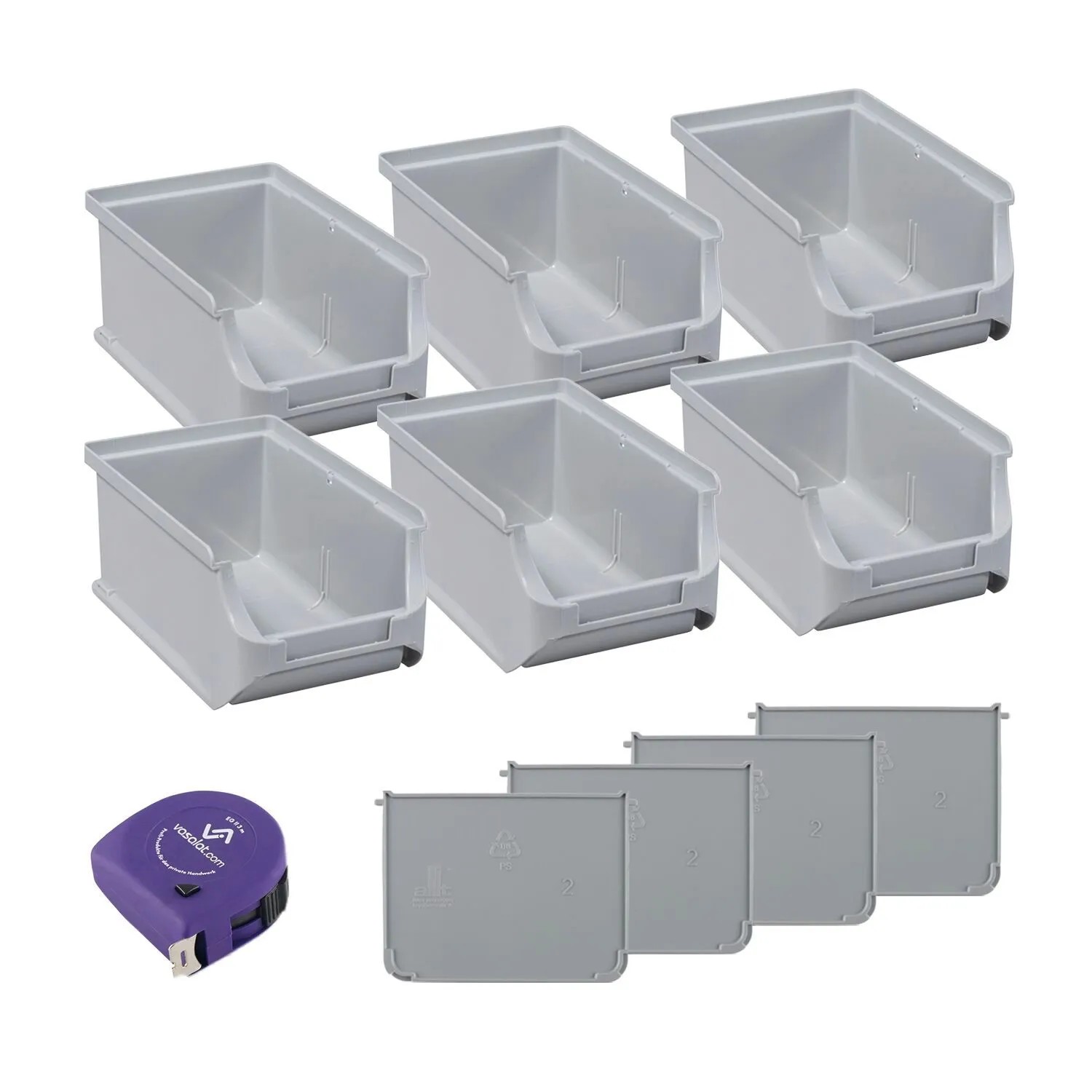 vasalat Set Stapelboxen Größe 2 160x102x75 mm Grau mit Trennsteg 6 Stück