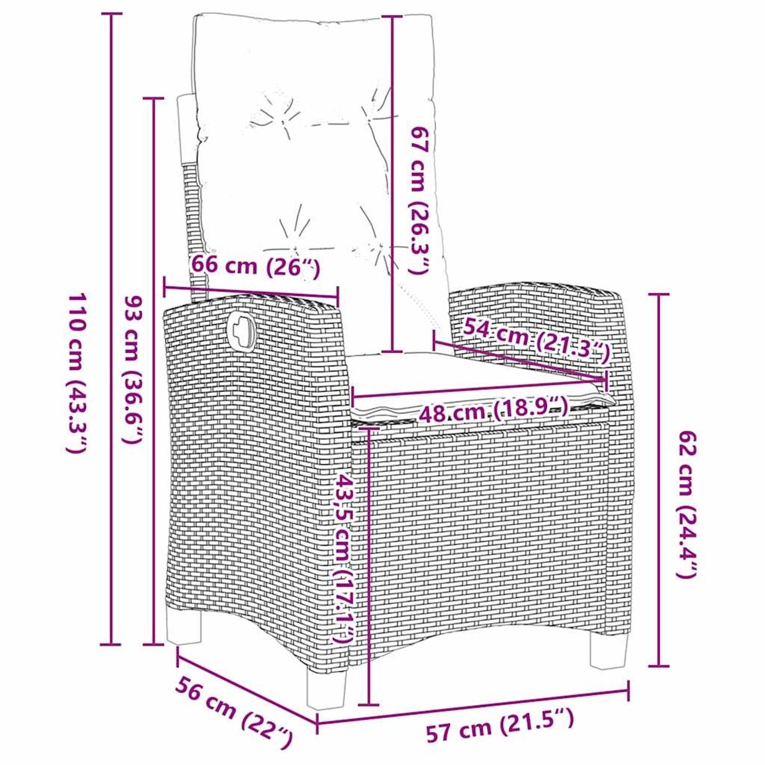 Skizze eines beigen Poly Rattan Gartenstuhls mit Kissen und Maßangaben.