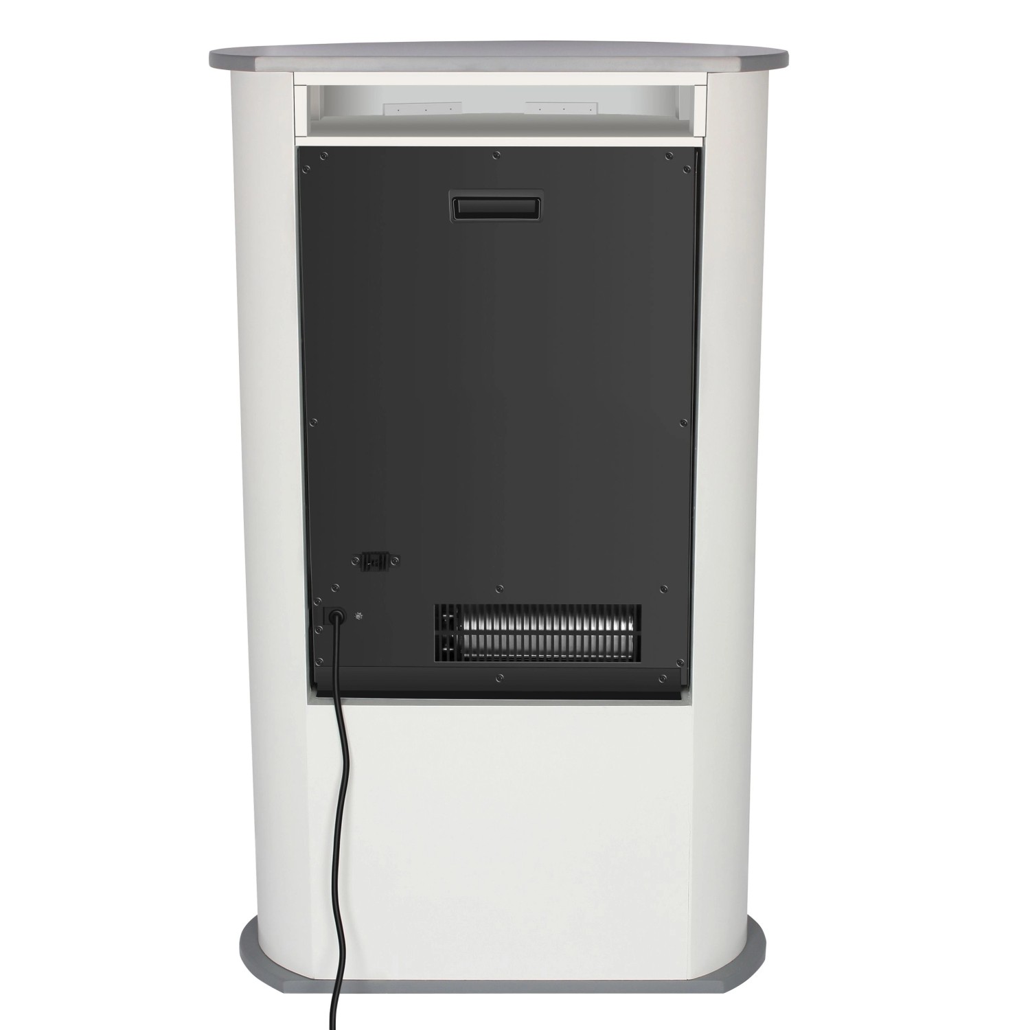 Rückansicht des weißen EL Fuego Elektrokamin Wien II mit Details zu Heizung und Stromanschluss.