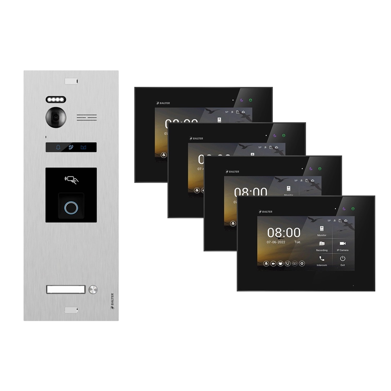 BALTER EVO-HD WIFI Video-Türsprechanlage mit Fingerprint & RFID für 1-Familienhaus mit 4x Monitor Schwarz
