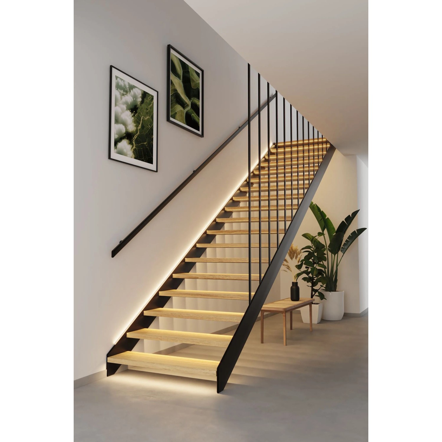 Paulmann MaxLED Stair LED-Streifen beleuchten moderne Holztreppe. Warme Treppenbeleuchtung für stilvolles Ambiente.