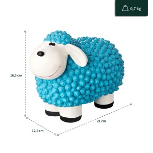Buntes Mini Schaf, pastellblau, als Gartenfigur. Dekorative Figur für den Außenbereich.