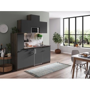 Respekta Küchenzeile KB180EYGMI, 180 cm, Grau/Eiche York Optik mit E-Geräten wie Kühlschrank und Mikrowelle.