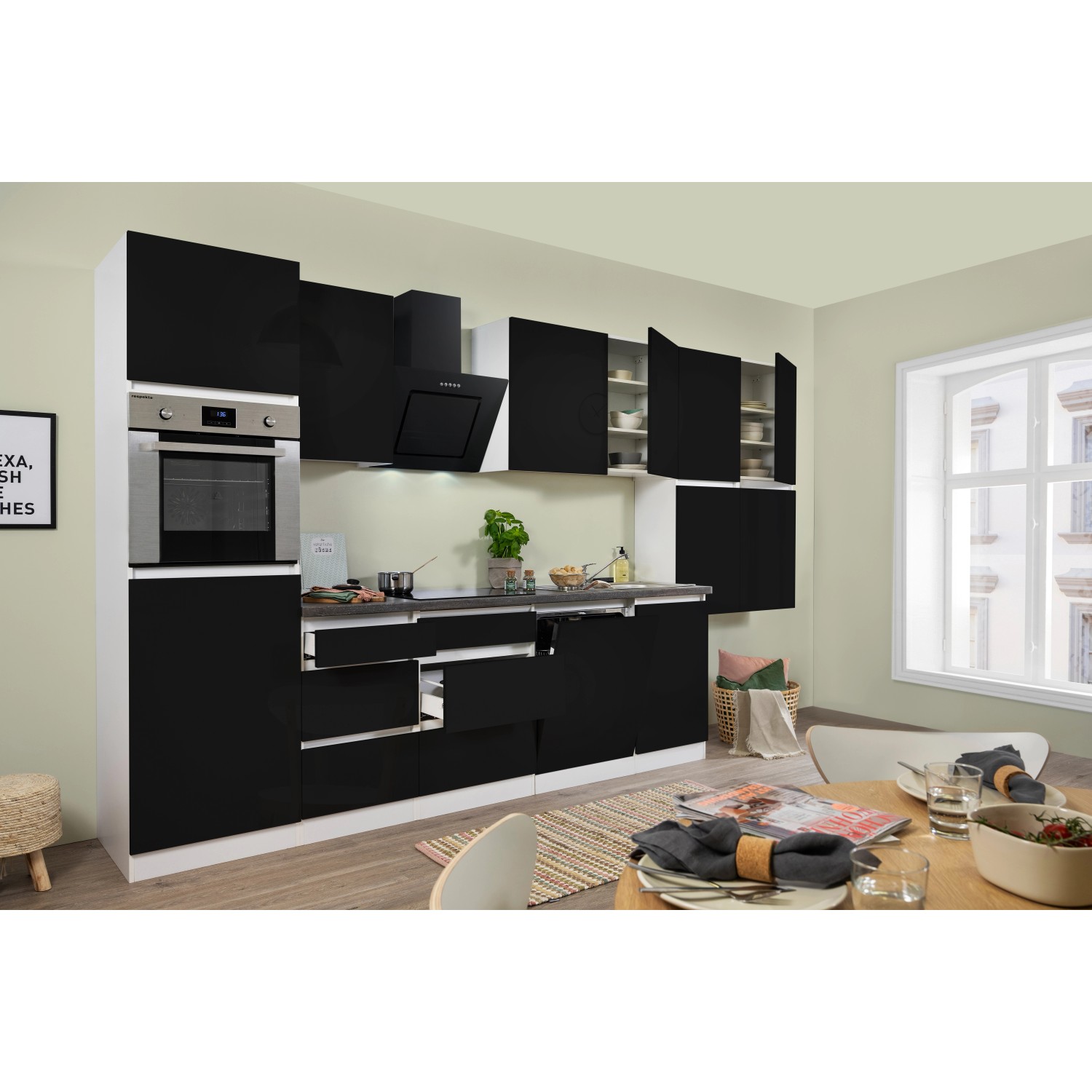 Respekta Küchenzeile/Küchenblock GLRP380HWS Grifflos 380 cm Schwarz Hochglanz-Weiß