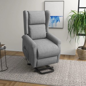 Grauer HOMCOM Aufstehsessel aus Polyester mit hoher Rückenlehne und elektrischer Aufstehhilfe im Wohnzimmer.
