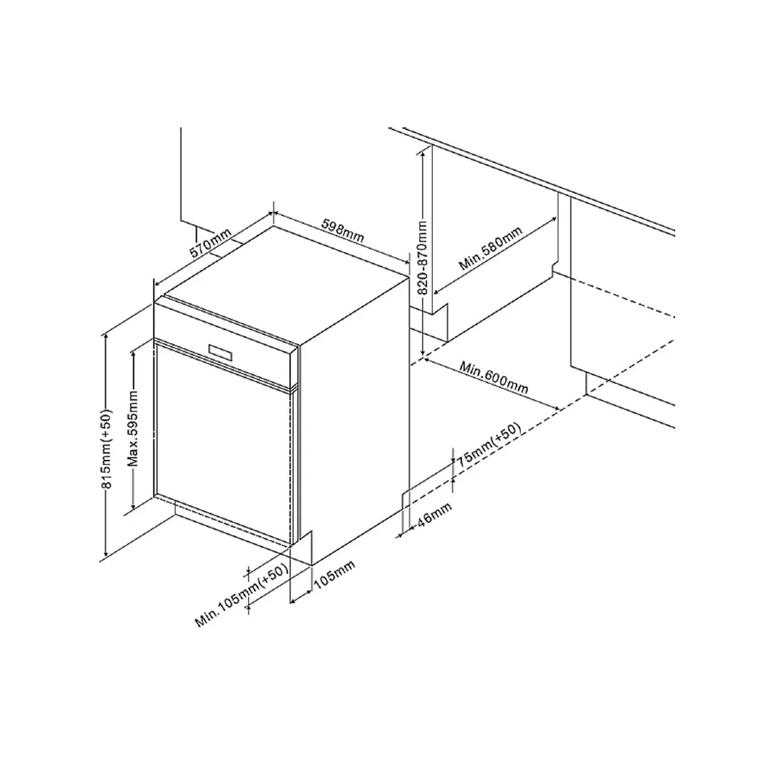 Skizze: Teilintegrierter Geschirrspüler mit Maßangaben für Kücheneinbau.