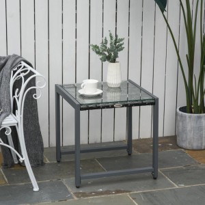 Outsunny Gartentisch mit Hartglasplatte, grauem Aluminiumrahmen und Polyrattan-Details. Ideal für Balkon.