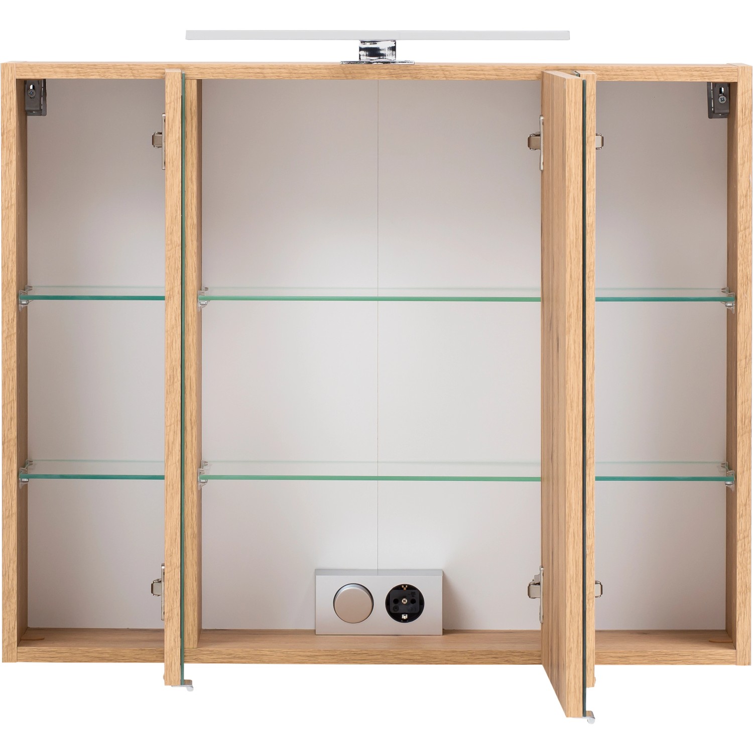 Geöffneter Held Möbel 3D-Spiegelschrank Salerno 80 cm in Wotaneiche mit Glasböden und Aufsatzleuchte.