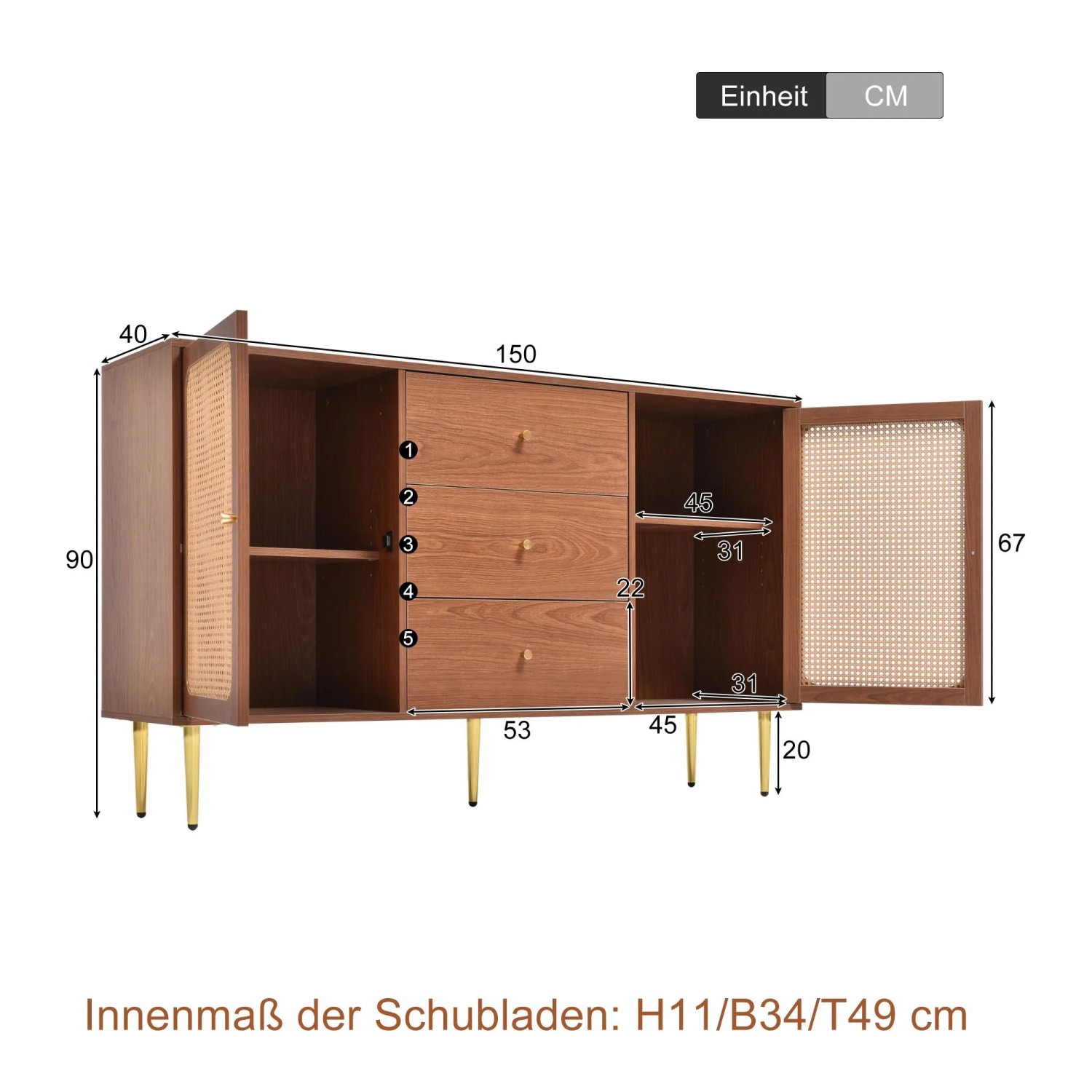 Nussbaum Rattan Kommode 150x40x90cm mit 3 Schubladen, Drehtüren, höhenverstellbarem Fachboden und goldfarbenen Griffen.
