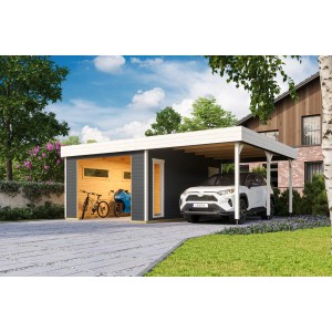 Lasita Maja Holzgarage Bahamas in Carbongrau mit Carport und Seitentür. Ideal für Auto, Motorrad und Fahrräder.