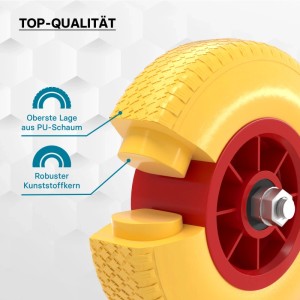 Schnittansicht eines gelben Wiltec Schubkarrenrads mit roter Felge, zeigt PU-Schaumschicht und robusten Kunststoffkern. Pannensicher.