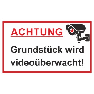 Warnschild: Achtung, Grundstück wird videoüberwacht. Videoüberwachungsschild, 25x15cm.