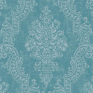 Schimmernde Barock Tapete in Blau-Türkis mit Ornament Muster für stilvolle Wände.