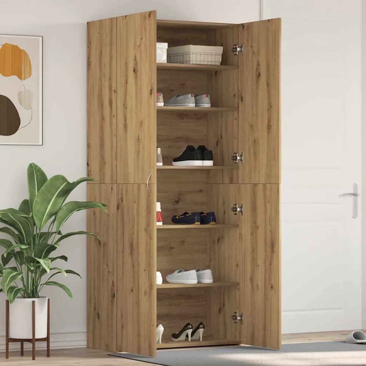 Brauner vidaXL Schuhschrank aus Holzwerkstoff, 180 cm hoch, mit offenen Türen und Regalen voller Schuhe. Modernes Design.