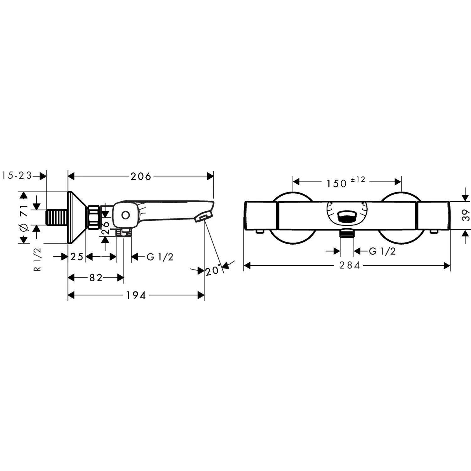 Technische Zeichnung: Hansgrohe Ecostat Universal Wannenthermostat in Chrom mit Maßangaben.