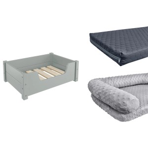 Graues Tierbett aus Kiefernholz mit Rollrost, optional mit Matratze und Polster.