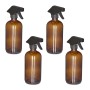 Vier braune Glas-Sprühflaschen (500 ml) mit schwarzem, verstellbarem Sprühkopf. Ideal für Garten, Haushalt, Haarpflege.