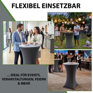 10er Set anthrazitfarbene Stretch-Stehtischhussen auf Tischen bei verschiedenen Events: Business, Gartenparty, Gala.