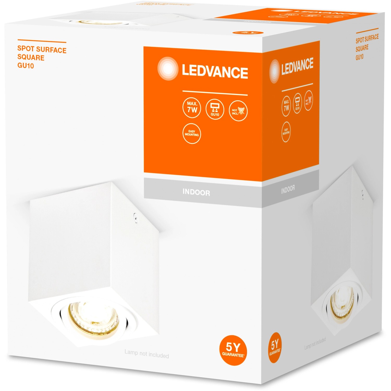 Verpackung eines weißen Ledvance Spot, 1-flammig, 8 cm, für GU10 Leuchtmittel. Aufbauspot für Innenräume.