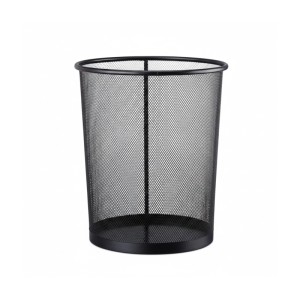 Dekorativer runder Papierkorb aus schwarzem Metall-Drahtgeflecht. Ideal als Mülleimer für Büro, Küche oder Wohnzimmer.