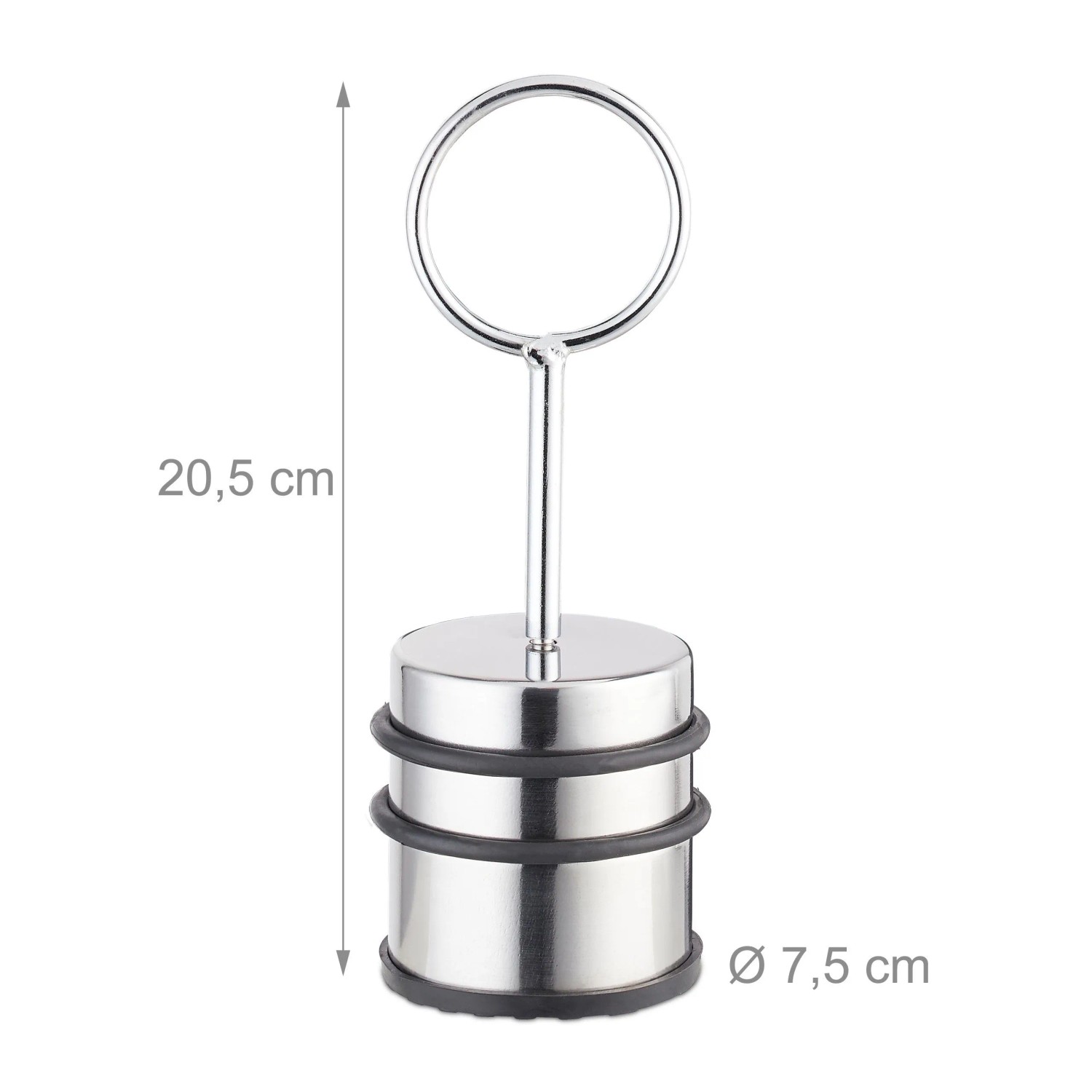 Silberner Edelstahl Türstopper mit schwarzem Gummiring und Griff, 20,5 cm hoch, rutschfest und schwer.