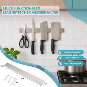 CHEFGASTRO Magnetleiste Magnetische Messerleiste Messerhalter Aus Stahl 4x40x1,6cm Mit 3 Silbernen Haken Silber Extra Stark