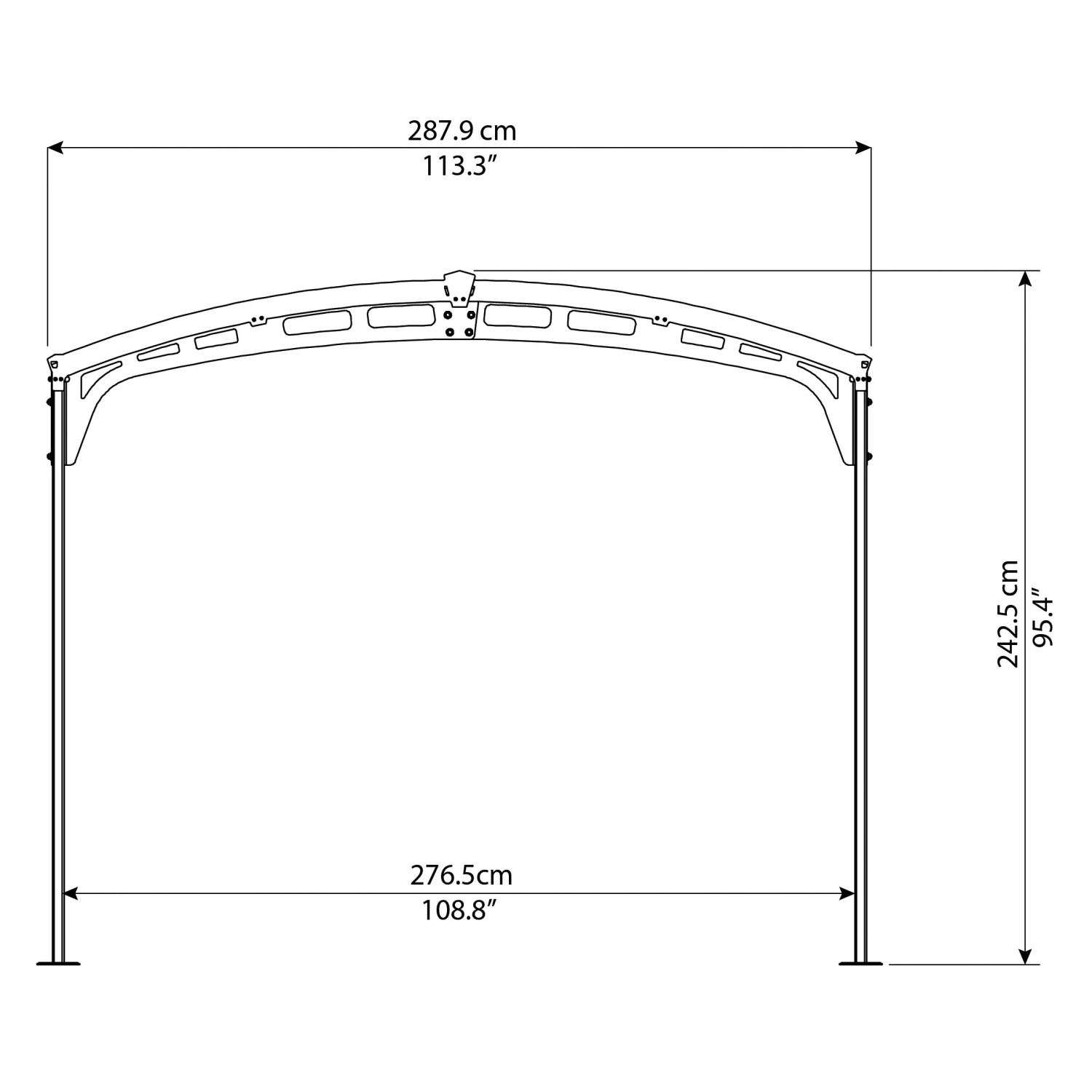 Technische Zeichnung Palram Atlas Carport mit Bogen, Maße: 495x288cm, Basaltgrau.