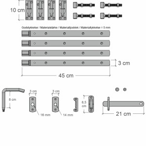 Beschläge für Doppeltor Skagen Lux: Scharniere, Riegel und Schrauben mit Maßangaben.
