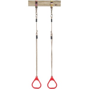 SwingKing Turnringe, rot, für Gartenspielgeräte, mit Seilen und Aufhängung.