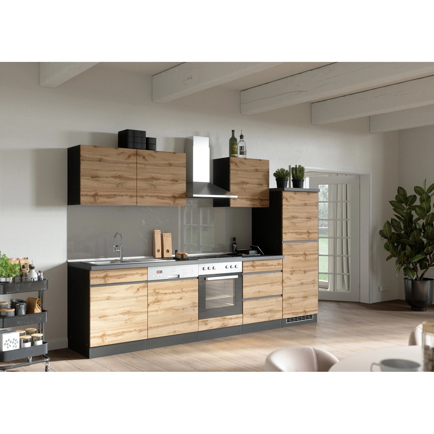 Held Möbel Küchenzeile/Küchenblock Turin 300 cm Wotaneiche-Graphit mit E-Geräten