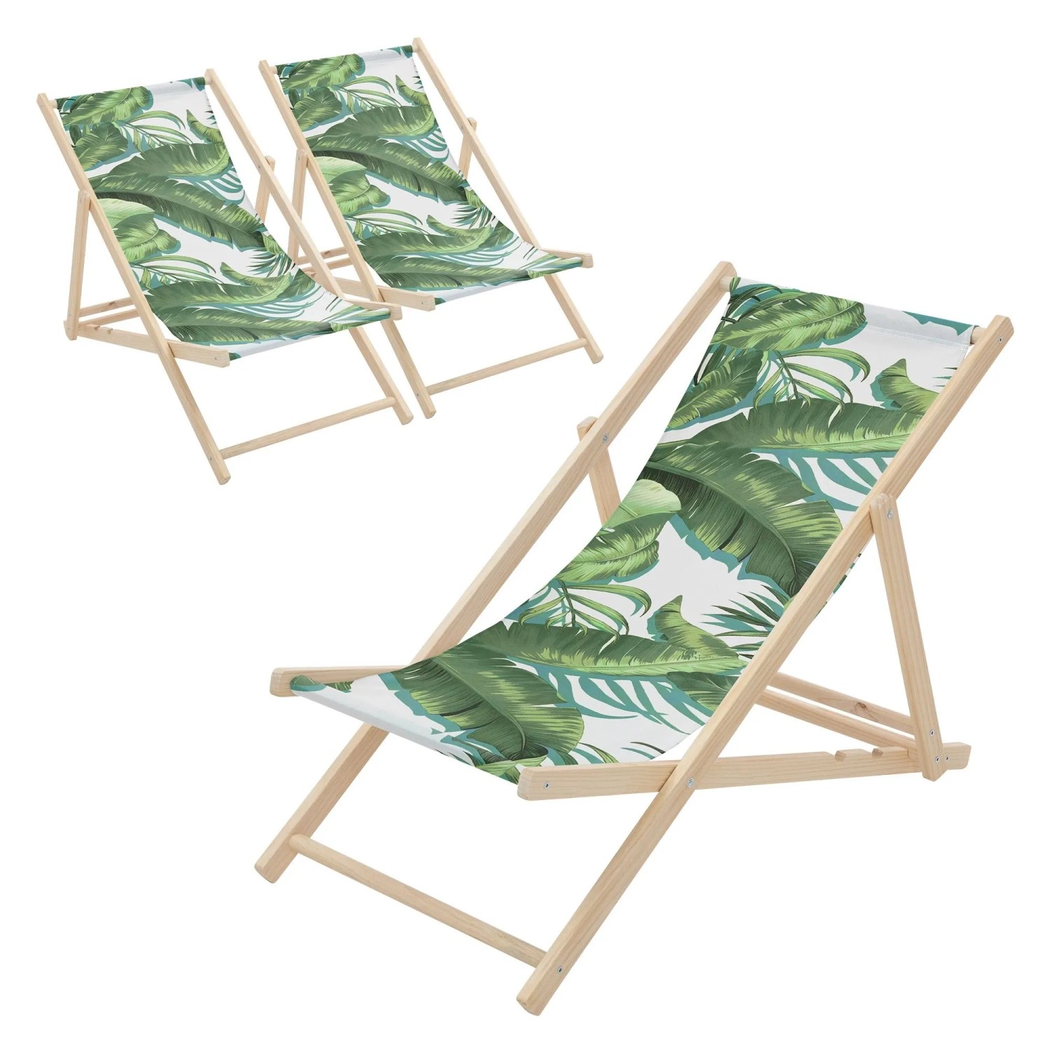 ECD Germany Liegestuhl 3Er Set Klappbar Tropical Grün-Weiß aus Holz