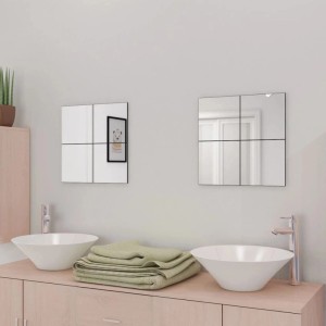 vidaXL rahmenlose Spiegelfliesen, 8er Set, quadratisch, als zwei Gruppen an heller Badwand über Waschbecken.
