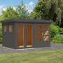 Karibu Gartenhaus Maradi 5, terragrau, mit Flachdach und Fenster für den Garten.