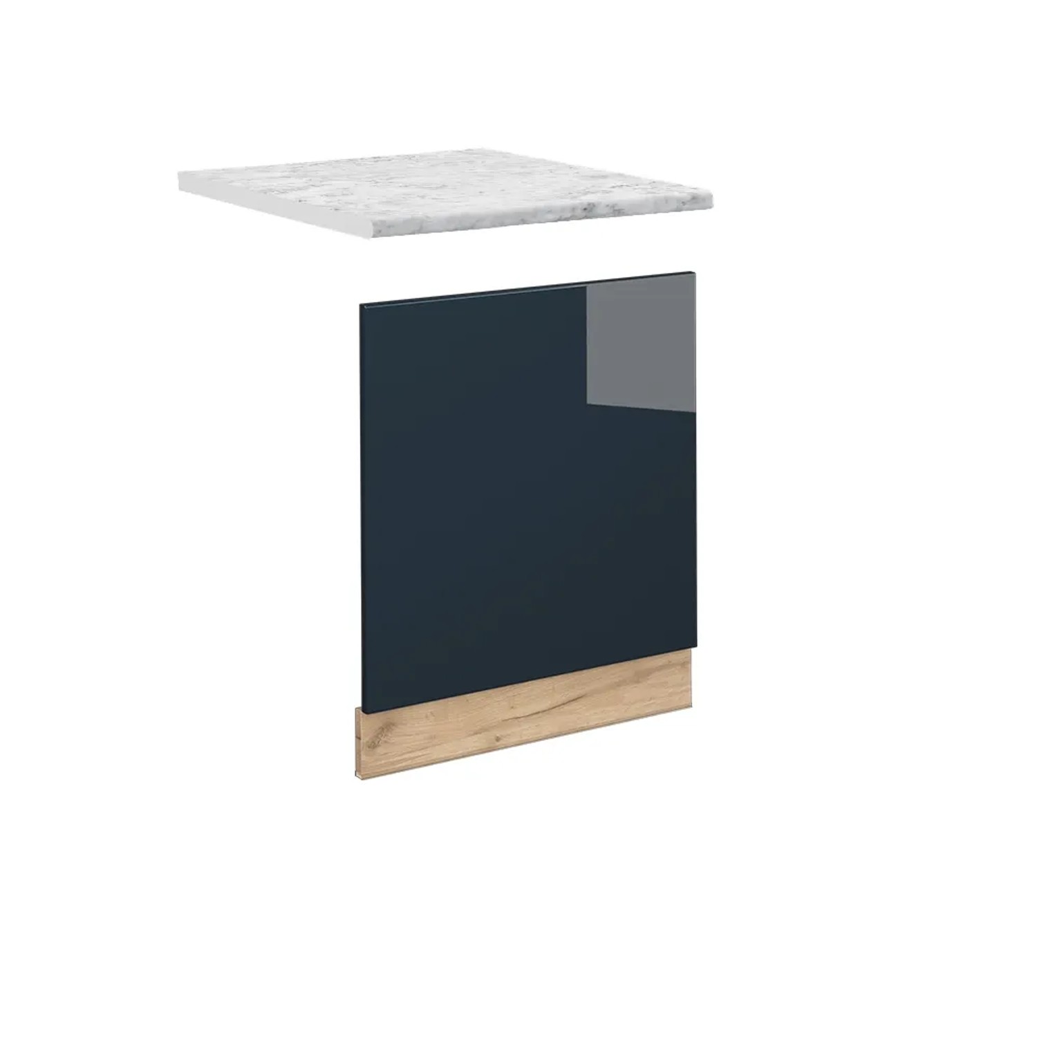 Vicco Frontblende Fame-Line Geschirrspüler Fronttür Dunkelblau Hochglanz 60 cm AP Marmor mit Goldkraft Eiche Korpus