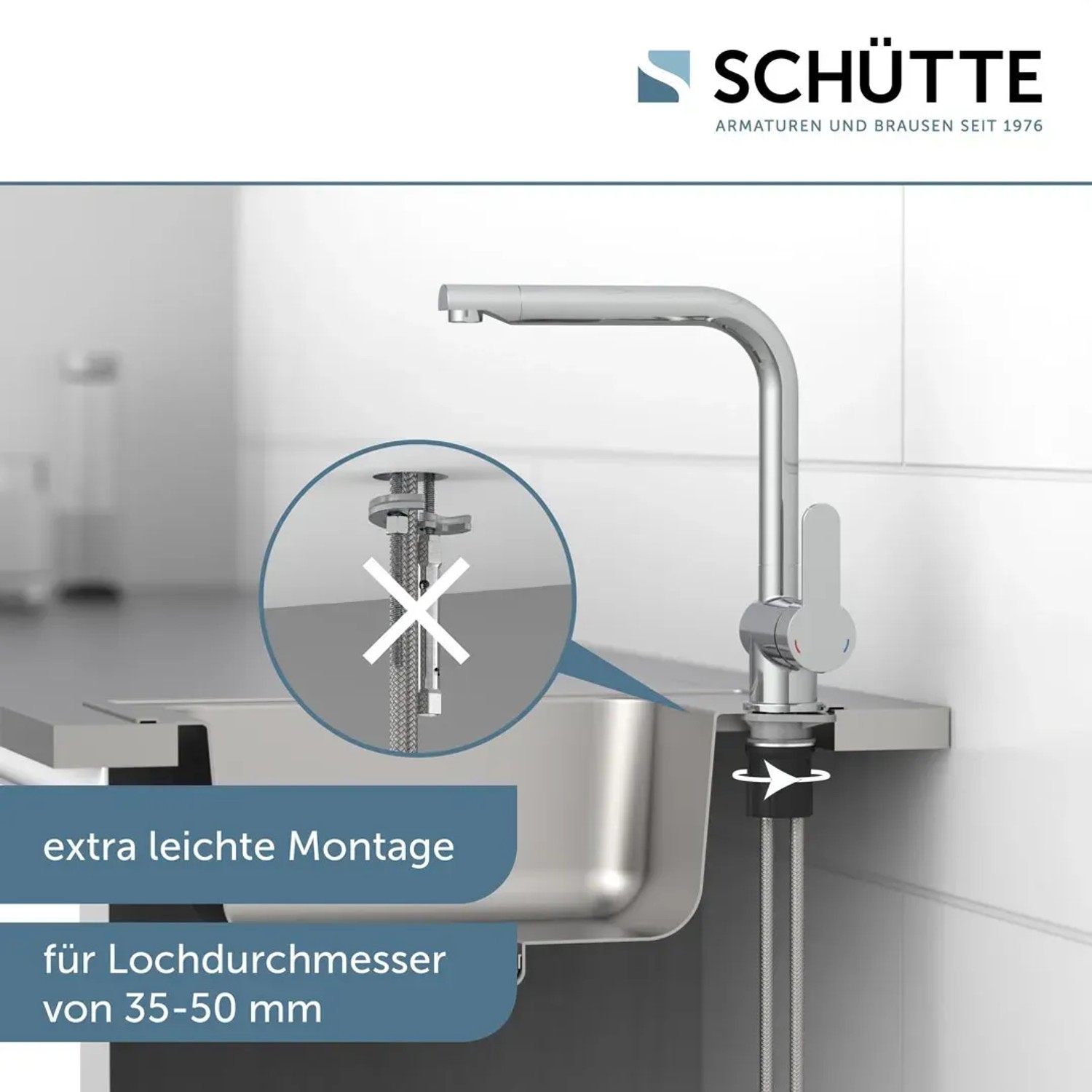 Schütte Spültischarmatur Rio Chrom mit Montagehinweis für einfache Installation.