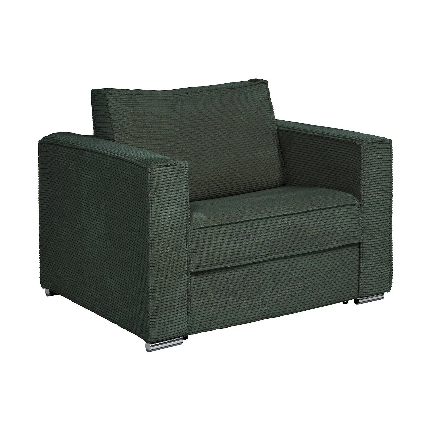 Grüner Cord Schlafsessel Loreto. Moderner Relaxsessel in Tannengrün mit kompakter Form und Chromfüßen.