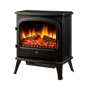 Schwarzer Sannover Elektrokamin Tamos 2000W. Freistehender Elektroofen mit realistischem 3D-Flammeneffekt und Holzscheiten.