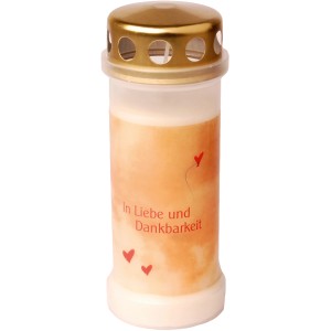 Weiße Grabkerze mit Ballon-Motiv und goldenem Deckel. In Liebe und Dankbarkeit.
