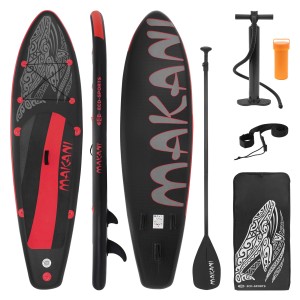 Aufblasbares Stand Up Paddle Board Makani, 320 cm, schwarz-rot, mit Zubehör wie Paddel und Pumpe.