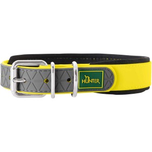 Gelb-graues Hunter Hundehalsband mit Reflektoren und Logo für mehr Sicherheit.